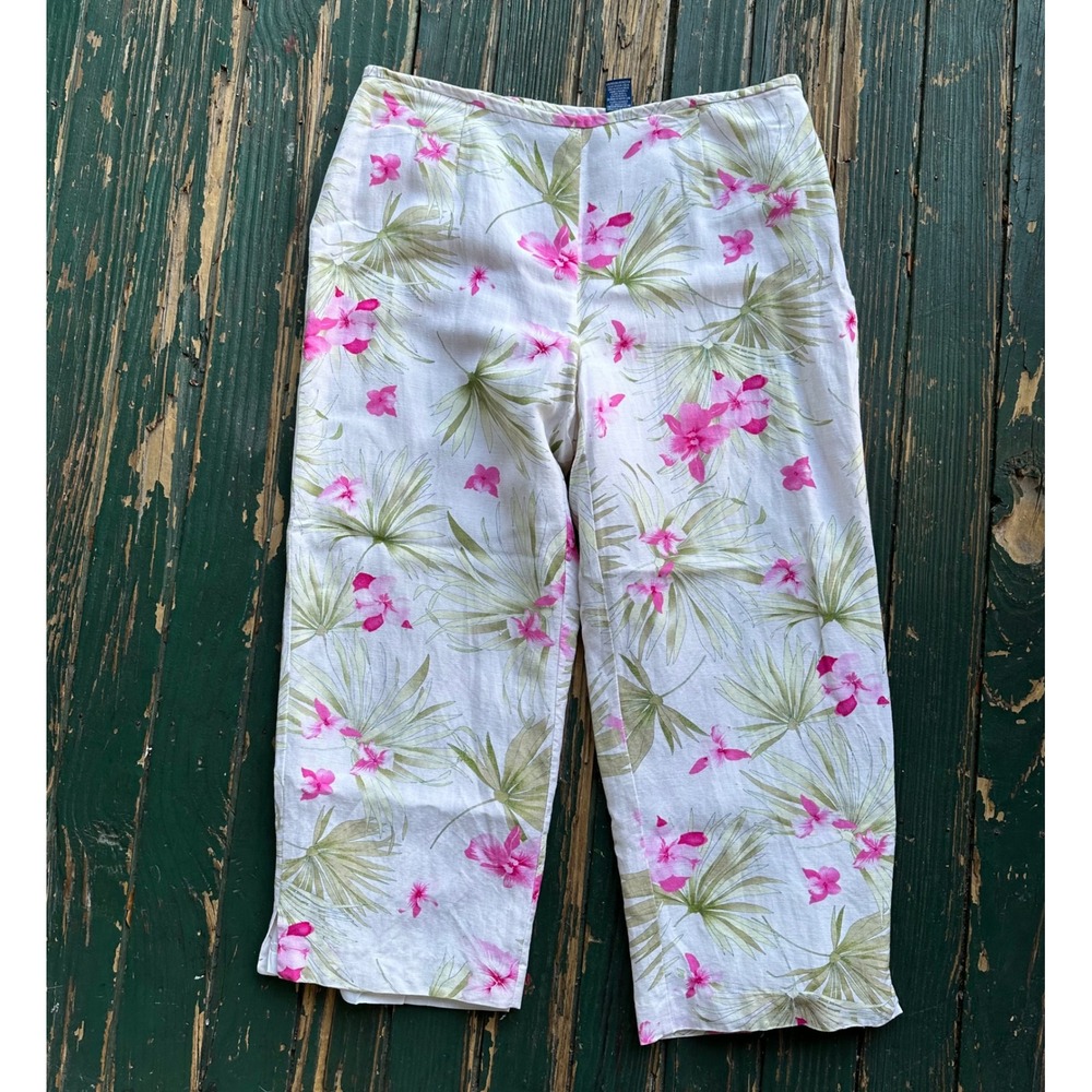 Evan-Picone Womens Tropical Floral Linen Blend Crop Pants Pink Green White 12